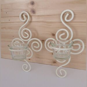Wall Sconces Wrought Iron Ivory Beige Set of 2 with Glass Tea Light Holder